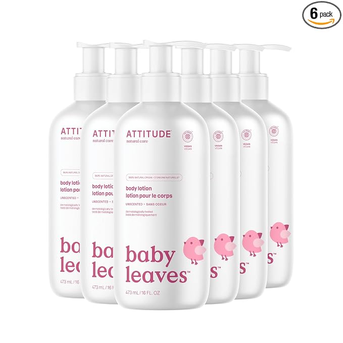 ATTITUDE Baby Lotion, EWG Verified Moisturizer, Dermatologically Tested Moisturizing Cream, Vegan and Cruelty-Free, Unscented, 16 Fl Oz (Pack of 6)