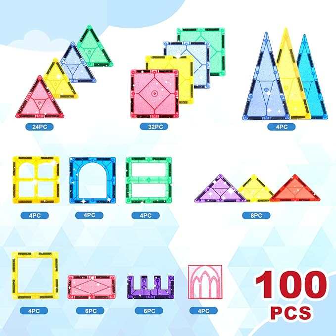 100 Pieces Magnetic Tiles for Kids Ages 4-8, Glitter Magnetic Building Tiles Preschool Learning Magnet Toys, STEM Sensory Magnet Building Blocks for Toddlers 3 4 5 6 7 8+ Year Old Boys Girls