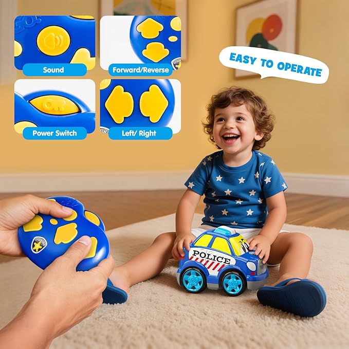 Remote Control Emergency Rescue Vehicle for Toddlers 1-3 RC Police Cars with Sirens Sound and Light Toy Police Car for Kids 3-5 Year Old 2.4G Cartoon Cars Boys&Girls Gifts for Birthday
