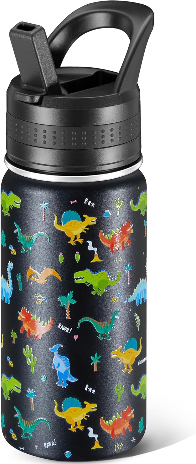 Kids Water Bottle,14oz Stainless Steel Insulated Water Tumbler Leak-Proof,School Water Mug,Small and Portable,Suitable for Boys and Girls to Use(Black cartoon dinosaur)