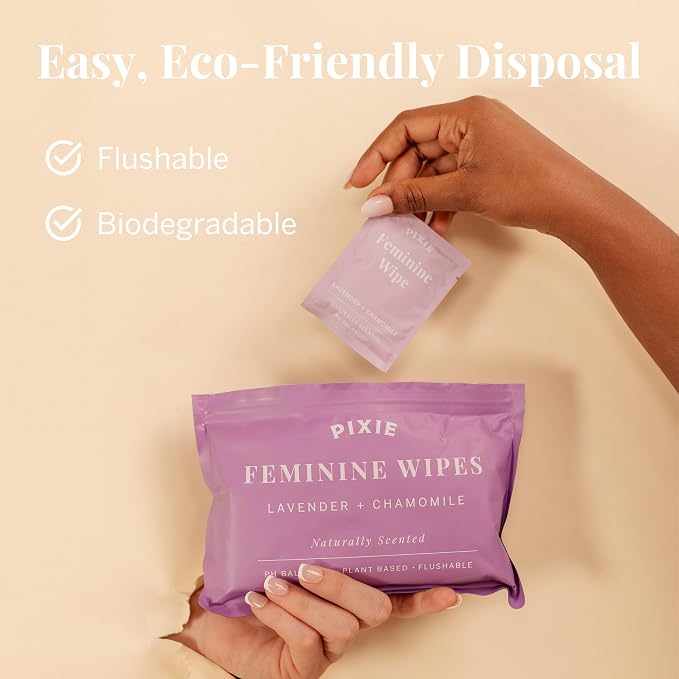 Pixie Menstrual Cup Wipes - Lavender Scented, Flushable, Biodegradable & pH Balanced - Individually Wrapped Wipes for Menstrual Cups & Discs, On-The-Go (10 Count)