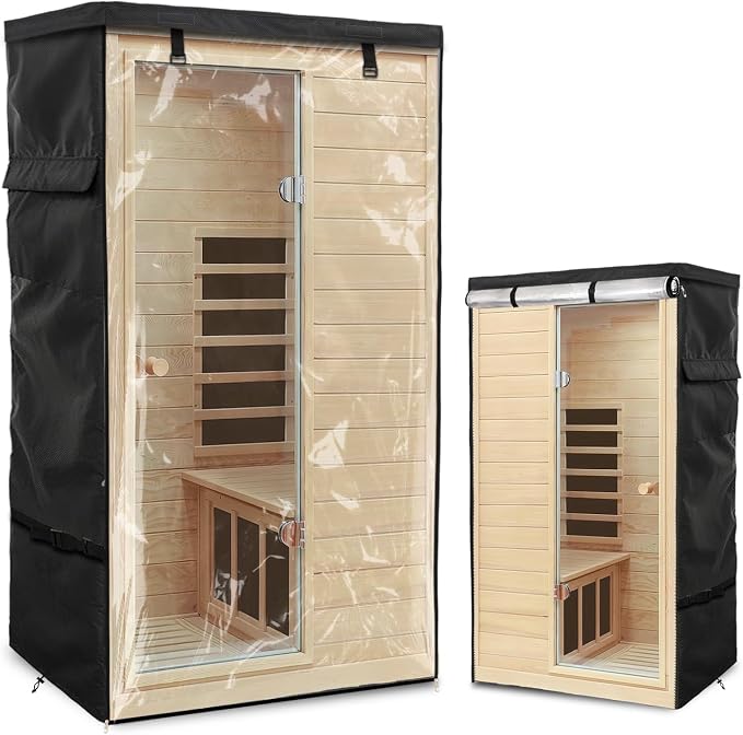 Outdoor Wood Sauna Cover,Sauna Covers with Separate Top Cover for Wood Home Spa Saunas,37" Lx29 Dx62 H with PVC Clear Door Design,Black