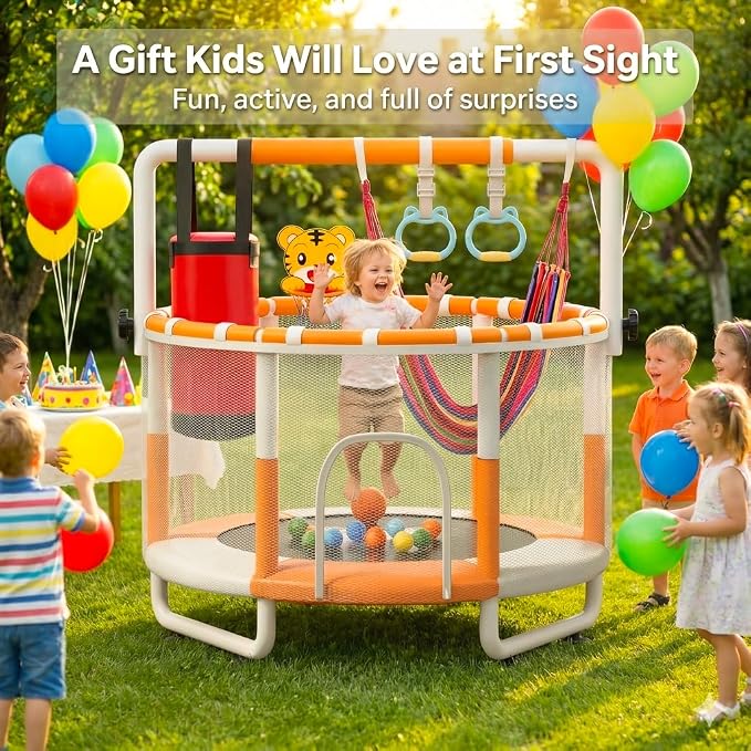 55" Kids Indoor Trampoline with Safety Net, Adjustable Gymnastics Bar & Toys – Indoor/Outdoor Toddler Play Gym for Boys & Girls Ages 3+, Birthday Gifts