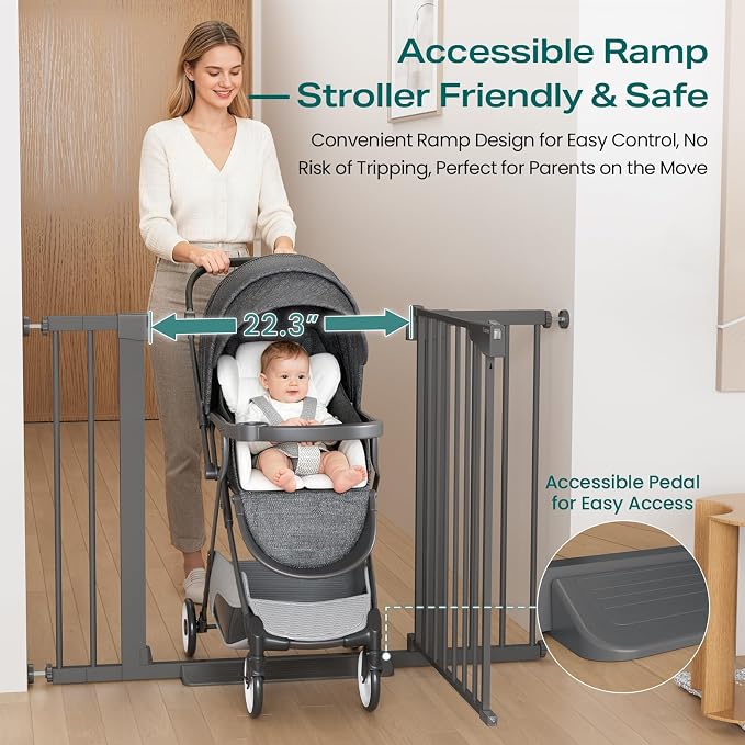 Cumbor 30-46" Baby Gate for Stairs, Auto-Close Dog Gate Indoor, Mom's Choice Awards Winner-Easy Install Pressure Mounted Pet Gates for Doorways, Dual Lock Safety Proofing for Babies & Pets, Cool Gray