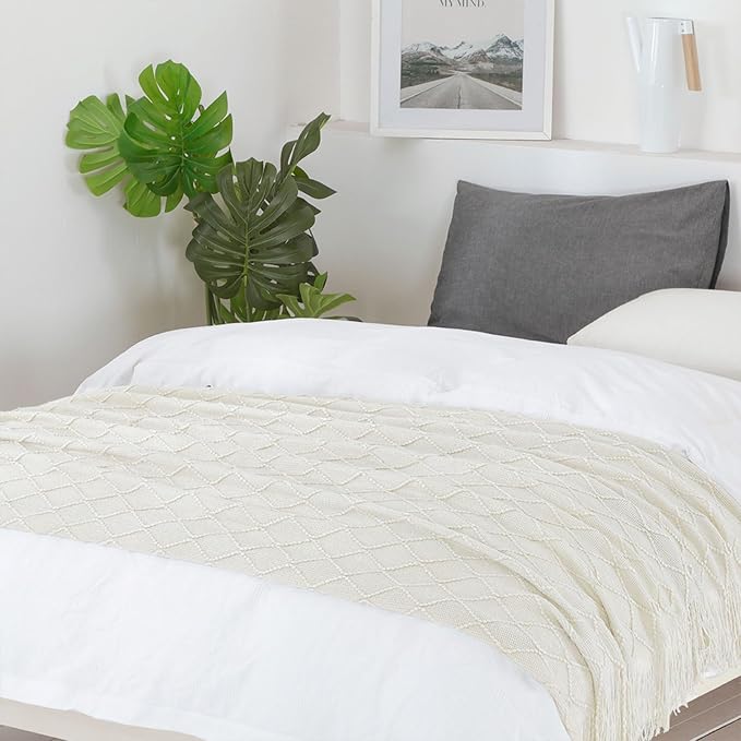 BOURINA Beige Throw Blanket 50x90 Inch Boho Knitted Soft Throw Sofa Blanket | Knitted Throw Blanket 50x90 Inches, Soft Lightweight Boho Weave Throw Decorative Couch Blanket for Living Room Bed Runner