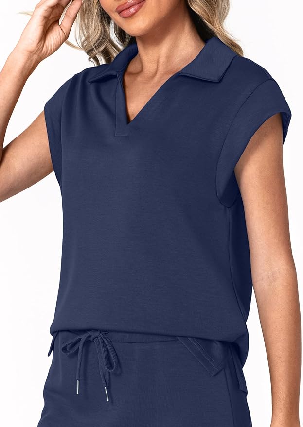 Casly Lamiit Womens Two Piece Skirt Sets Casual Cap Sleeve Lapel V Neck Tops Summer Travel Outfits Short Tennis Skort Set