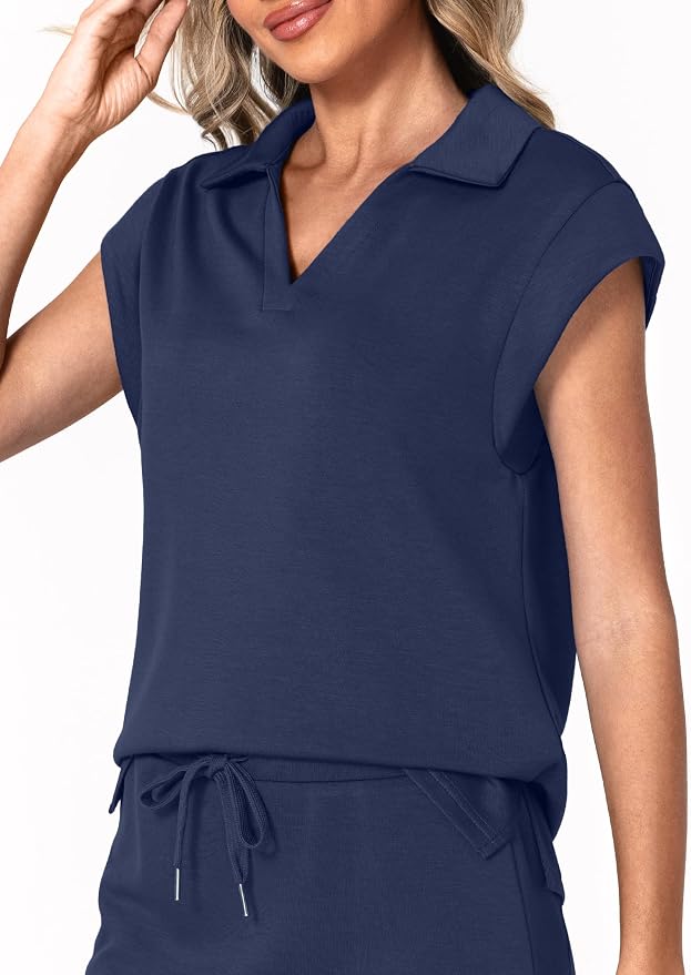 Casly Lamiit Womens Two Piece Skirt Sets Casual Cap Sleeve Lapel V Neck Tops Summer Travel Outfits Short Tennis Skort Set