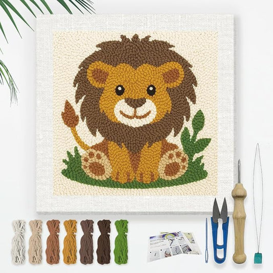 DOODLREAM Cute Lion DIY Punch Needle Embroidery Kit for Adult Beginner, 9.4" Cartoon Lion Animal Punch Stitching Craft Set for Starter with Frame,Fabric Pattern,Threader, Yarn, Pinch Needle