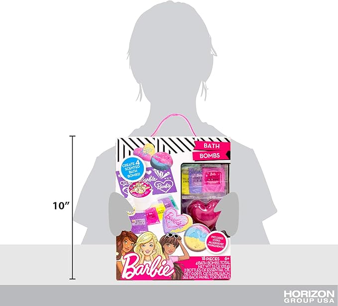 Barbie Make Your Own Bath Bomb Kit by Horizon Group USA, DIY Four Custom Colorful & Sweet-Smelling Bath Bombs, Includes Stencil, Glitter, Molds, Fragrances & More, Pink, Yellow, Teal & Purple