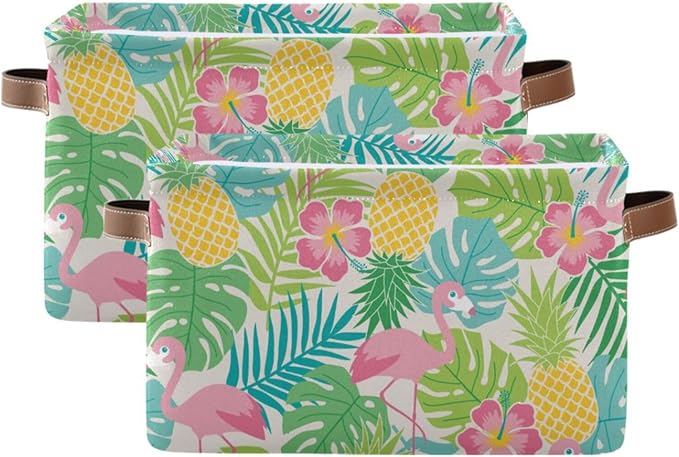 Aslsiy Storage Basket Summer Flamingo Hibiscus Nursery Bins Tropical Leaf Pineapple Baby Box Canvas Clothes Shelf Basket Laundry Hamper Gift Basket for Home Closet 1 Pcs