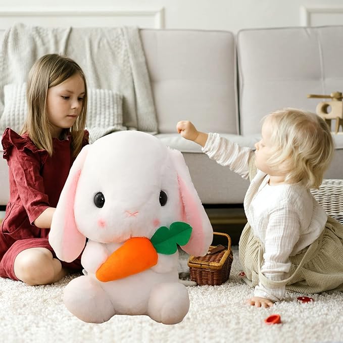 HOUPU Soft Toy - Sitting Lop Eared Rabbit, Easter White Rabbit Stuffed Bunny Animal with Carrot Soft Lovely Realistic Long-Eared Standing Pink Plush Toys (White-Carrot,16.9in/43cm)