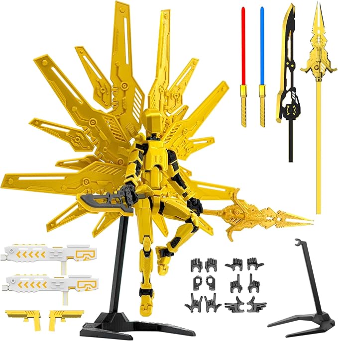 T13 Titan 13 Action Figure Already Assembled, Cyberpunk Futuristic Mecha 3D Printed Action Figure Set Robo 13, Lucky 13, Gift for Dummy Collectors Desktop Decorations (Gold)
