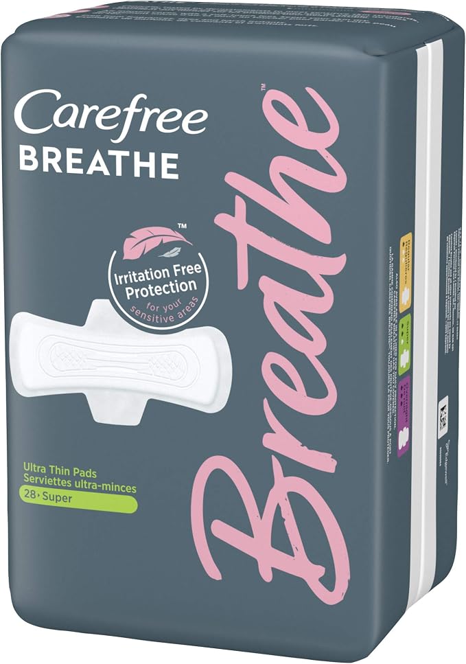 Carefree Breathe Ultra Thin Super Pads with Wings, Irritation-Free Protection, Unscented, 28 Count