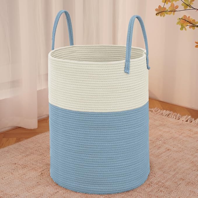JMvicyroam 60L Cotton Rope Laundry Basket Hamper, White and Blue | Collapsible laundry basket, reinforced handles, freestanding, machine washable, holds 3-5 thick blankets, clothes or toys