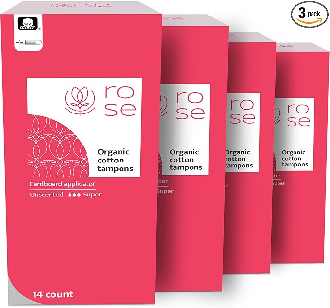 Rose Organic Tampons - Super, Cardboard Applicator, 100% Organic Cotton Security Veil, Unscented - 16 Count (Pack of 4)