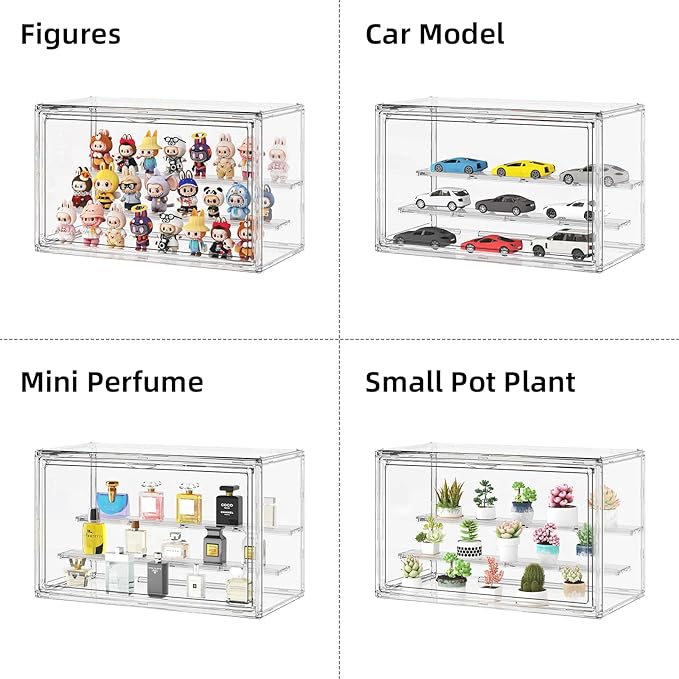 Clear Acrylic Display Case for Collectibles 3 Layer Hobby Figure Display Case Box with Shelves Stackable Figurine Display Boxes for Funko Pop Mart Labubu Model, 2 Pack
