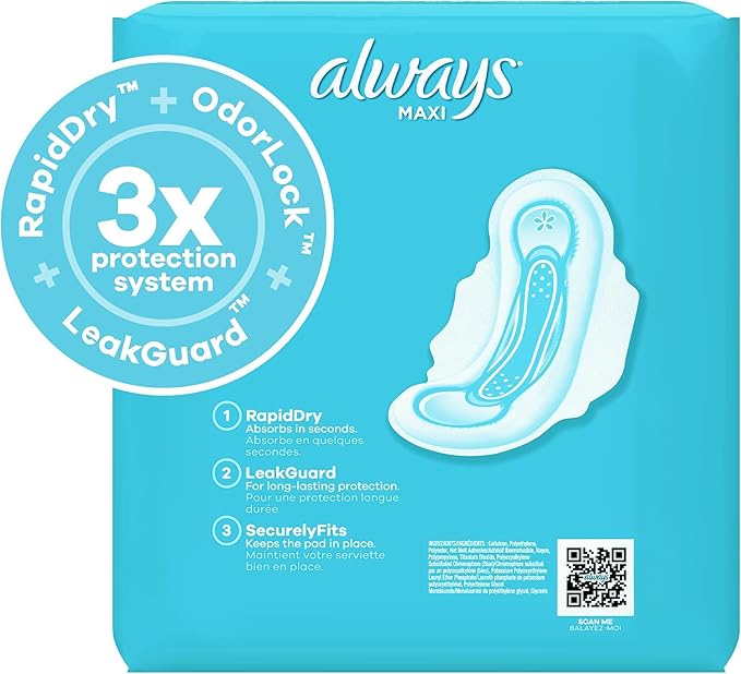 Always Maxi Size 3 Feminine Pads with Wings, Extra Long Super Absorbency, Unscented, 33 Count