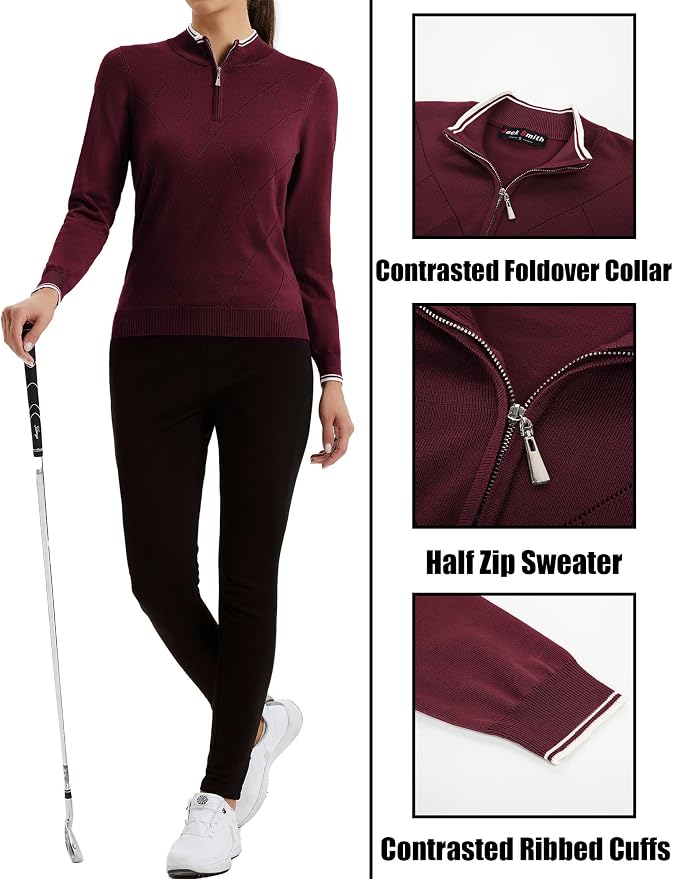 JACK SMITH Quarter Zip Pullover Sweaters for Womens, Rib Polo Sweater Tops | V Neck,Knit,Long Sleeve,Argyle,Open Pattern,Callar,Lightweight,Fashion,Golf Work Business Daily Wear Versatile Pullover Shirt