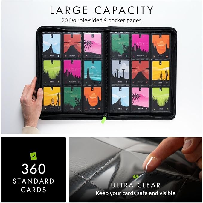 Vault X 9 Pocket Zip Binder, 360 Cards, Exo-Tec Material, 20 Side-Loading Pages (Black)