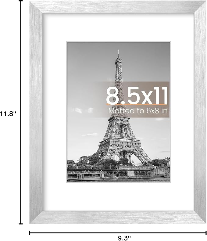 upsimples 8.5 By 11 Picture Frame, Display Pictures 6x8 with Mat or 8.5 x 11 Without, Wall Hanging Photo Frames, Silver, 1 Pack