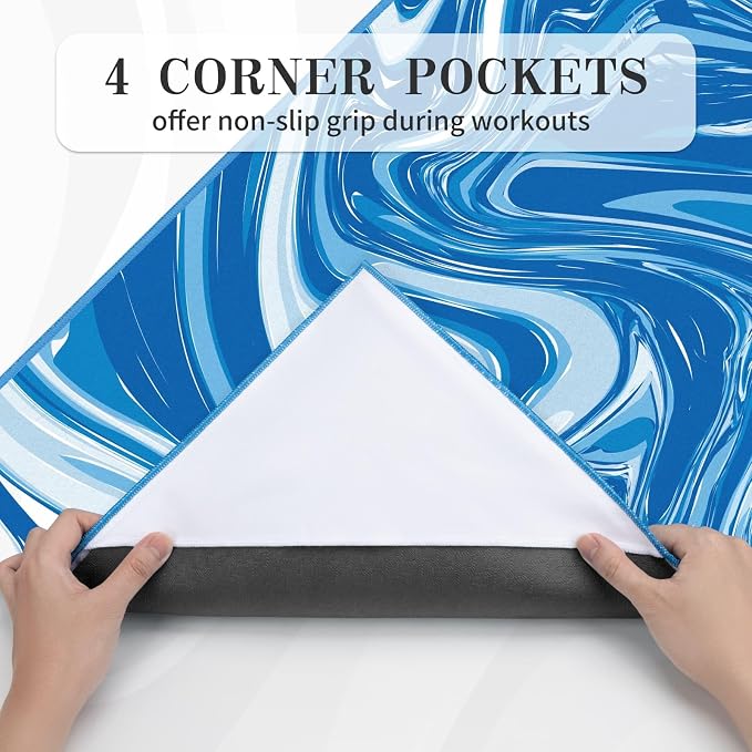 Yoga Mat Towel Cover with Large Corner Pockets, Non Slip Grip Microfiber Mat Cover Mat for Hot Yoga, Pilates and Gym Workout, 70" L x 26" W, Blue