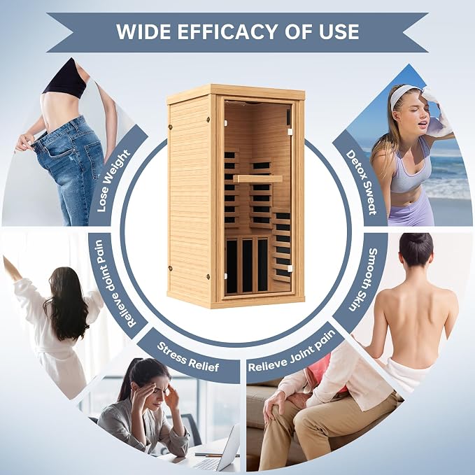 1 Person Infrared Dry Sauna, Canadian Hemlock Wood Indoor Home Spa Sauna Room, Integrated Speakers, Tempered Glass Door & Control Panel, 149℉ Maximum Heating, Size 32.3" x 32.3" x 61.6"