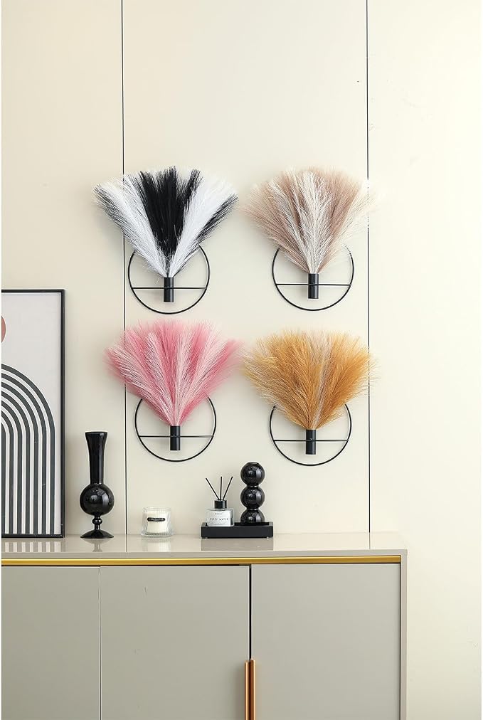 Pretty Jolly Boho Pampas Wall Decor Black Metal Wall-Mounted Art | Morden Artificial Greenery Display，2 Pack Hanging Planter For Living Room, Bedroom, Bathroom, Dining room