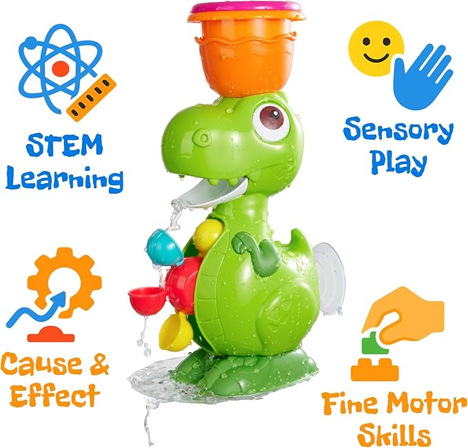 Dinosaur Bath Toys for Kids Ages 1-3, Baby Bath Toy with 4 Water Cups and Spinning Wheels, Fun Educational Bathtub Toy for Kids Age 2-4 Boys and Girls, Suction Cup Wall Mount