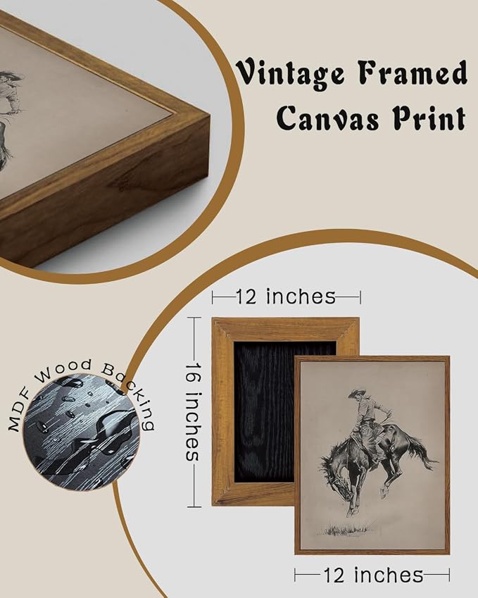 ZZLWBKGL Western Wall Decor Bronco Buster Canvas Art Cowboy Framed Wall Art | Vintage Artwork Farmhouse Picture Retro Country West Paintings for Living Room Bedroom 12x16in