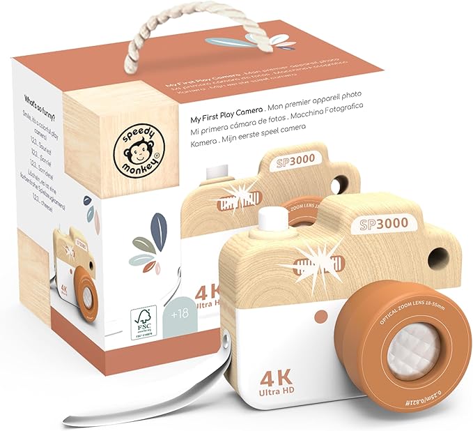 SPEEDY MONKEY My First Wooden Camera Toddler Toy with Kaleidoscope Lens, FSC Wood Pretend Play Camera for Kids – Early-Learning Photographed Props for Imaginative Play for Boys and Girls