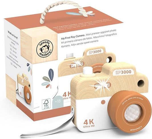 SPEEDY MONKEY My First Wooden Camera Toddler Toy with Kaleidoscope Lens, FSC Wood Pretend Play Camera for Kids – Early-Learning Photographed Props for Imaginative Play for Boys and Girls