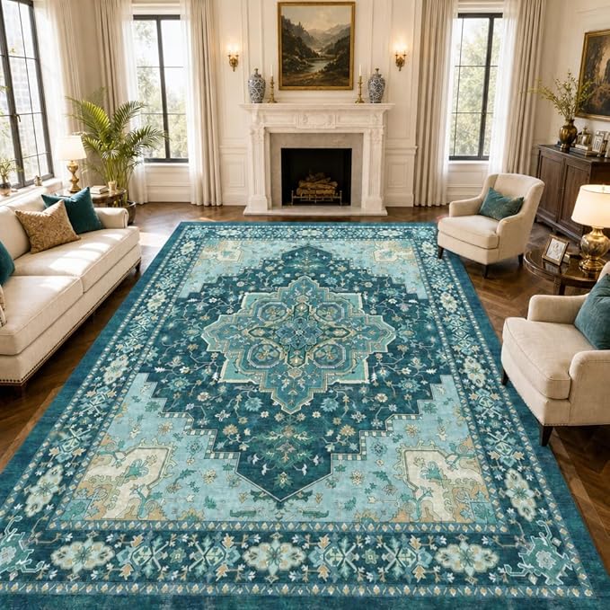 AMADA HOMEFURNISHING 8x10 Area Rug for Living Room, Vintage Washable Area Rug Low-Pile & Non-Slip Carpet for Bedroom Dining Room Nursery Home Office, Teal Blue