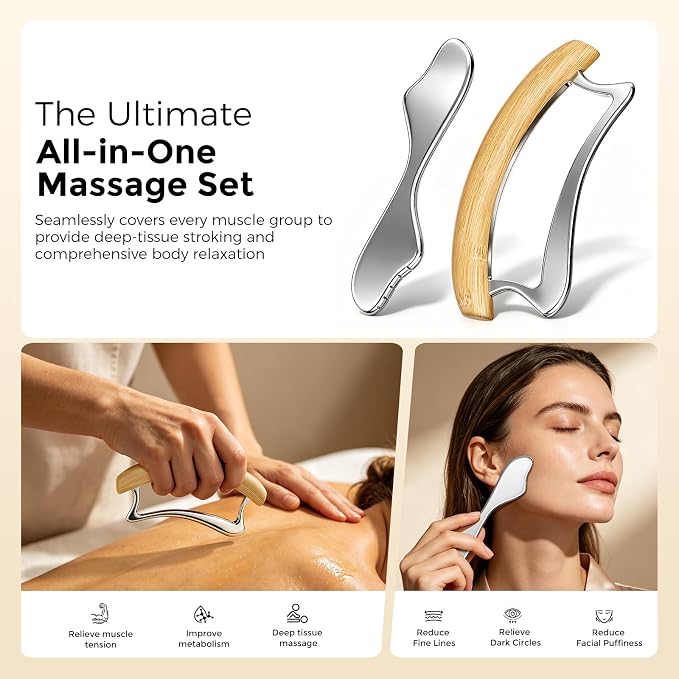 Muscle Scraper Tool, 2 in 1 Stainless Steel Gua Sha Tool for Body with Wooden Handle, Muscle Scraper Scraping Massage Tools for Physical Therapy, Fascia Scrapers for Back Legs Arms Shoulder