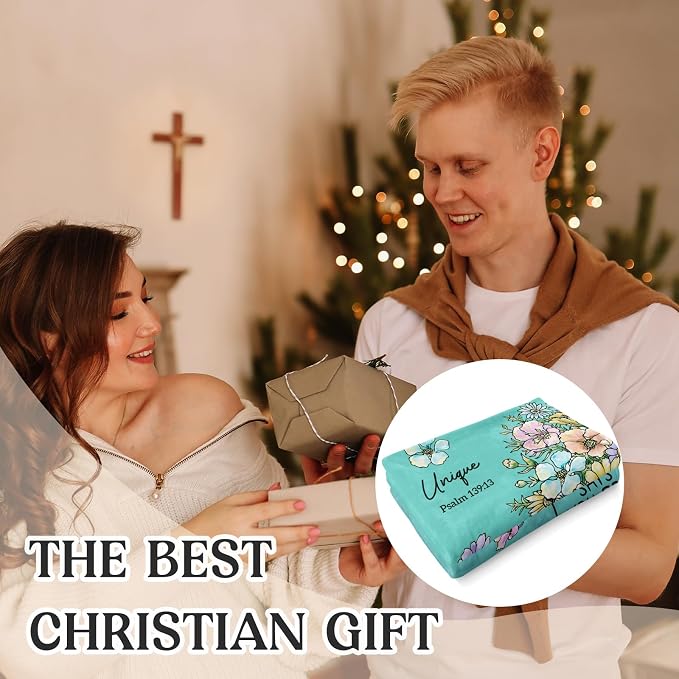 Christian Gifts for Women, Aqua Christian Blanket with Flowers 80''x 60'' | Birthday Gifts for Women, Spiritual Baptism Religious Gifts for Sister Mom Daughter Girls Wife, Soft Throw Blankets