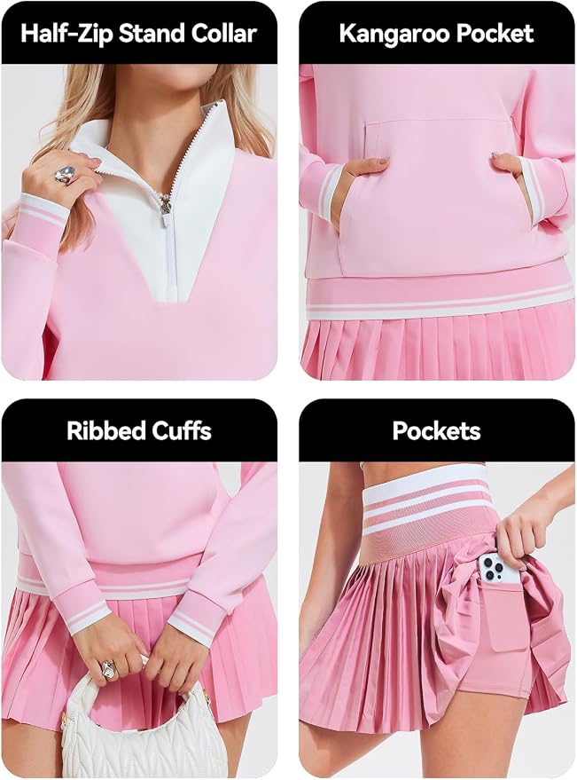 Airfree Women Two Piece Tennis Skirt Set Golf Outfits Half Zip Oversize Pullover Sweatshirt 2 Piece Skirt Sets with Pockets