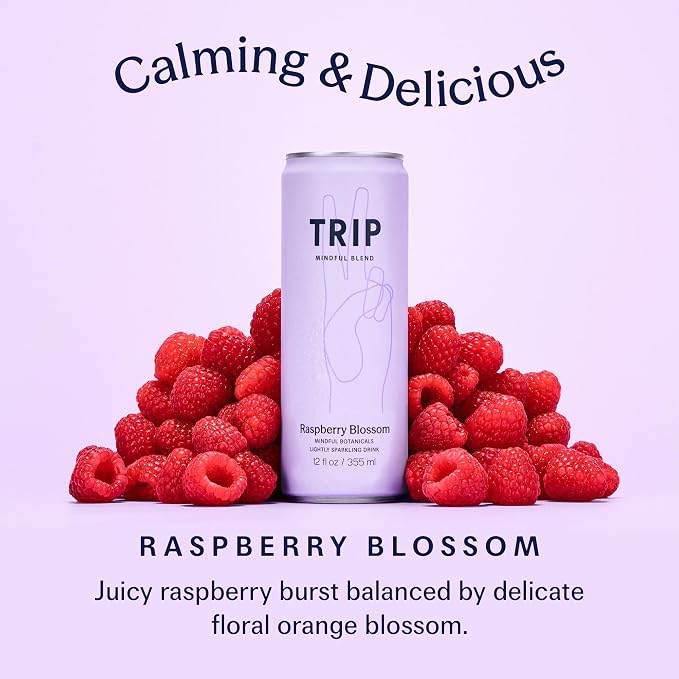 TRIP Lightly Sparkling Adaptogen Drink, Non Alcoholic Drink with Magnesium, Ashwagandha, Lions Mane & L Theanine, No Added Sugar Mocktail, Vegan, Raspberry Blossom, 12 Oz, 12Pk