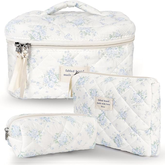 GISMTR 3Pcs Cotton Quilted Makeup Bag Large Travel Cosmetic Bag Coquette Makeup Pouch Cute Aesthetic Floral Toiletry Bag for Women Girls (flower-T)