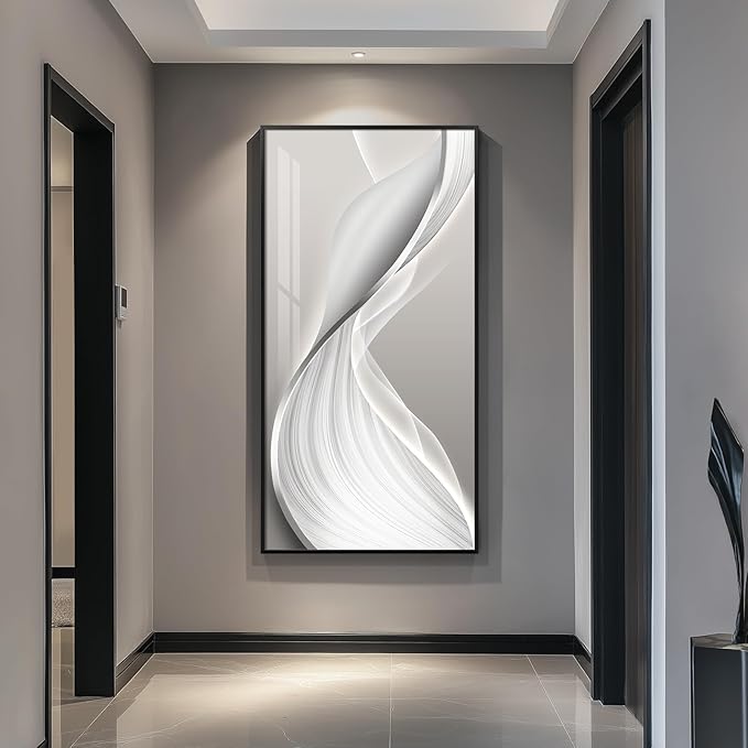 Large Framed Modern Abstract Vertical Wall Art for Living Room, Bright Style Luxury Prints Paintings Artwork for Walls, Minimalist Silver Gray Pictures for Hallway Entryway Foyer Stair Office Wall Decor 30x60 In