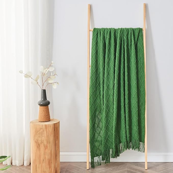 inhand Green Knitted Throw Blanket for Couch and Bed, 50"x60" | Throws for Her or Him, Soft Farmhouse Woven Blanket, Tassel, Lightweight Decorative, Cozy Knit, Warm Living Room Home Decor