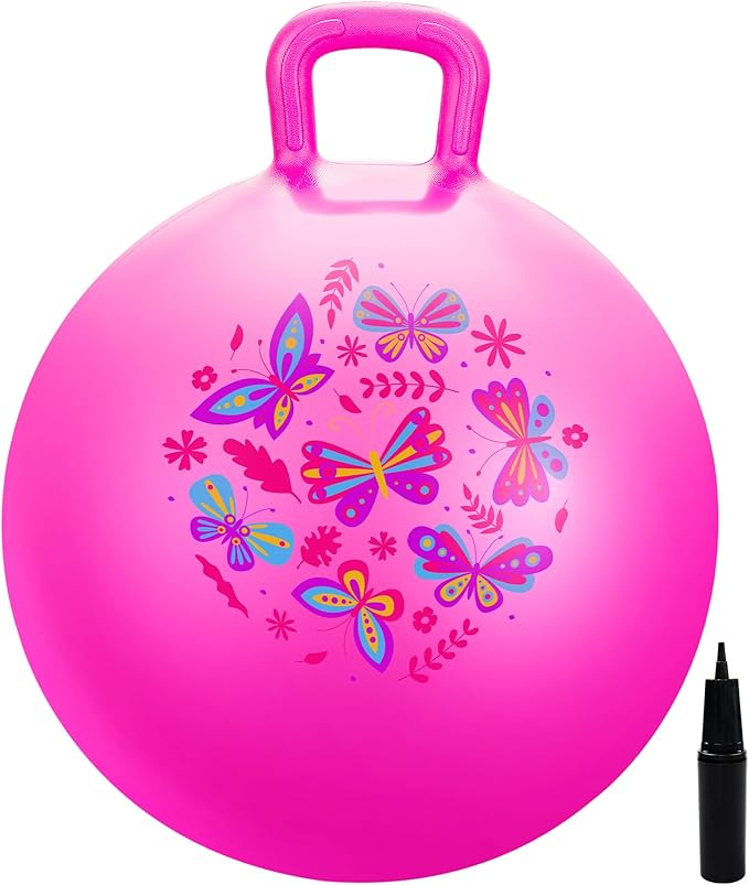 EVERICH TOY Hopper Ball, Pink Butterfly Hopping Toys for Kids, 18 Inch Bouncy Ball with Handle, Indoor Outdoor Inflatable Hoppity Hop Toy for Girls Boys Gift with Pump