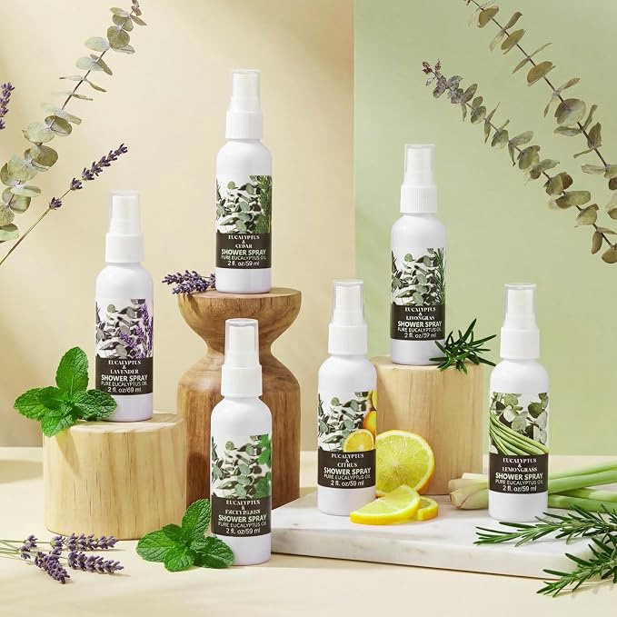 Frienda 6 Pack Eucalyptus Shower Spray with Essential Oils Portable Travel Mist Spray for Spa and Sauna Steam Room Aromatherapy for Women Teacher Staff Employee Thank You Gift 2oz (Eucalyptus Blends)