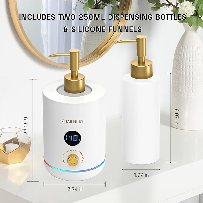 CHARMKEY Massage Oil Warmer White, 2 Oil Bottle Dispensers & 2 Silicone Funnels, Digital Heater for SPA, Oil Lotion Cream for Salon, Barber Shops, Home, Automatic Lotion Warmer