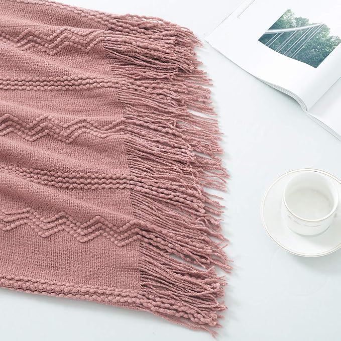 BOURINA Coral Pink Throw Blanket 50x90Inch Boho Knit Soft Throw Bed Blanket | Knitted Throw Blanket 50x90 Inches, Soft Lightweight Boho Weave Throw Decorative Couch Blanket for Living Room Bed Runner
