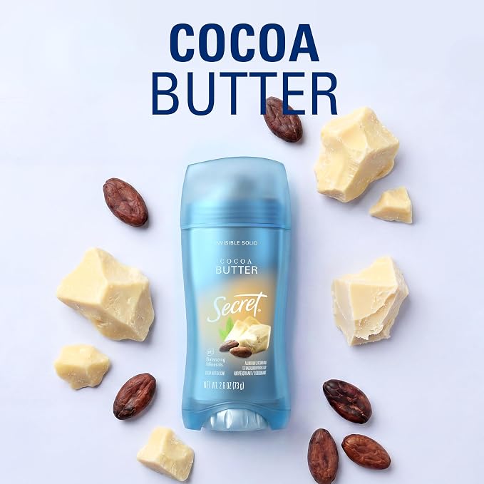 Secret Fresh Antiperspirant Deodorant for Women, 72hr Breathable Sweat & Odor Protection, Instant Freshness & Gentle, PH Balancing Minerals, Invisible Solid, Cocoa Butter Scent, 2.6 oz
