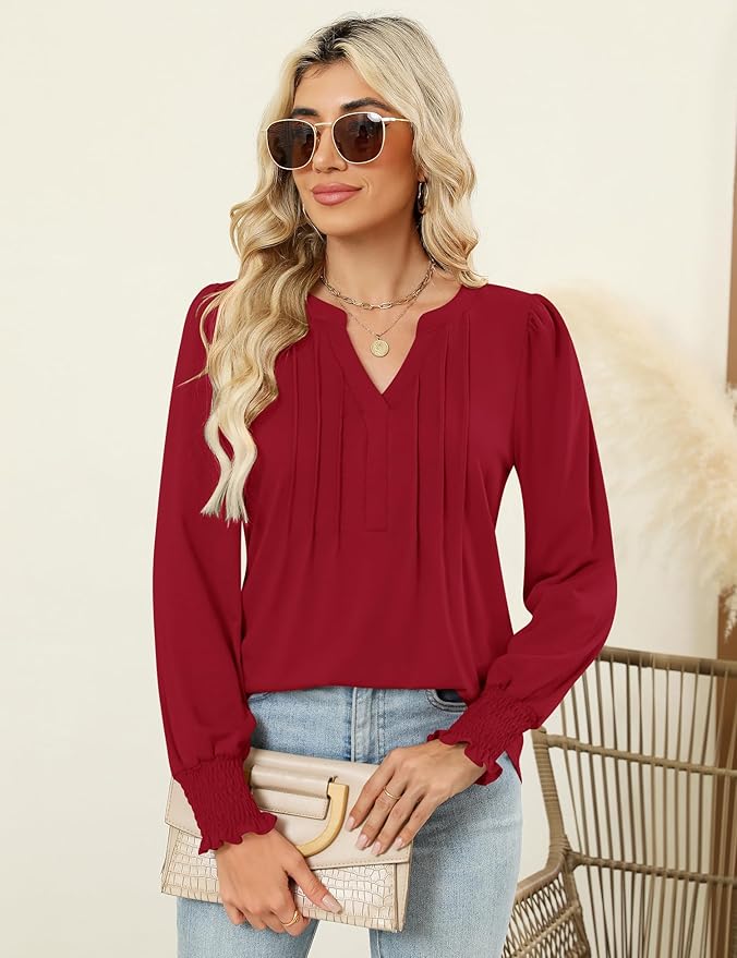 LOMON Womens Tops Dressy Casual Pleated Ruffle Long Sleeve Tunics Tops to Wear with Leggings V Neck Work Blouse