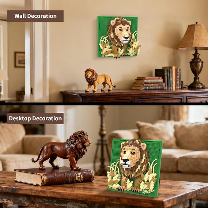 Lion Animal 3D Wall Art Micro Mini Building Blocks Set, Unique Home Wall Decor or Table Display, No Compatible with Lego Set, Ideal Gift Toy for Adults Boys Girls (1187 PCS)