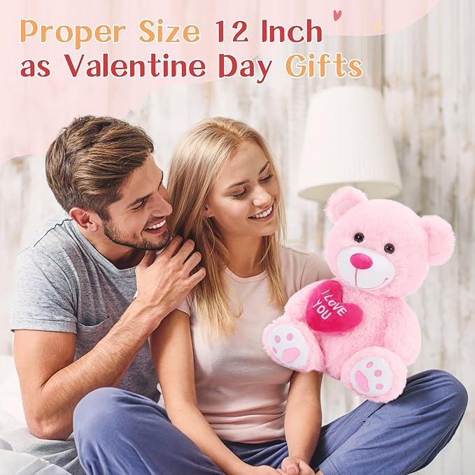 12" Teddy Bear with Heart, Cute Pink Teddy Bear Stuffed Animals for Valentines Soft Bear Plushie Toy Stuffed Bear Plush Gifts for Girlfriend Kid