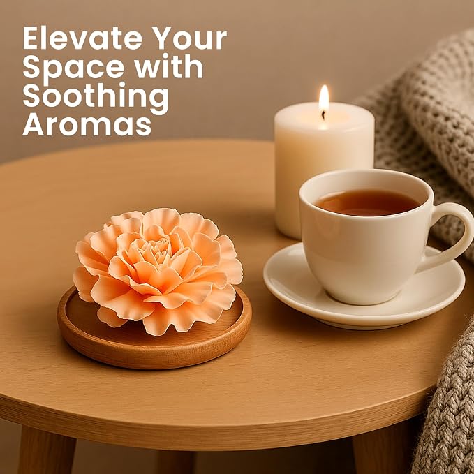 Aroma Diffuser Diatomite Carnation Flower with Wooden Stand Essential Oil Diffuser with Aromatherapy Fig Fragrance Oil Diffusers for Home, Room Decor | 10 ML (Diatomite Carnation Flower (Orange))