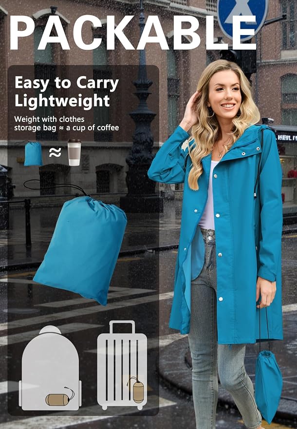 Zando Long Packable Rain Jacket Women Waterproof Raincoat with Hood | Relaxed-Fit Lightweight Windbreaker for Women; Travel Rain Coats for Commute, Hiking, Cruise, and Daily wear
