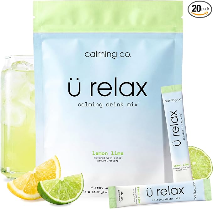 Ü Relax 2.0 Powder Drink Mix, Lemon Lime, Ashwagandha & L-Theanine, Adaptogens, Cortisol, Sleep Aid, Ready-to-Mix, Sugar Free, Zero Calorie, 20 Stick Packs